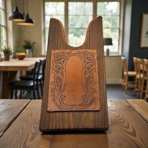 Vintage Wooden Western Boot Jack with Tooled Leather Inlay